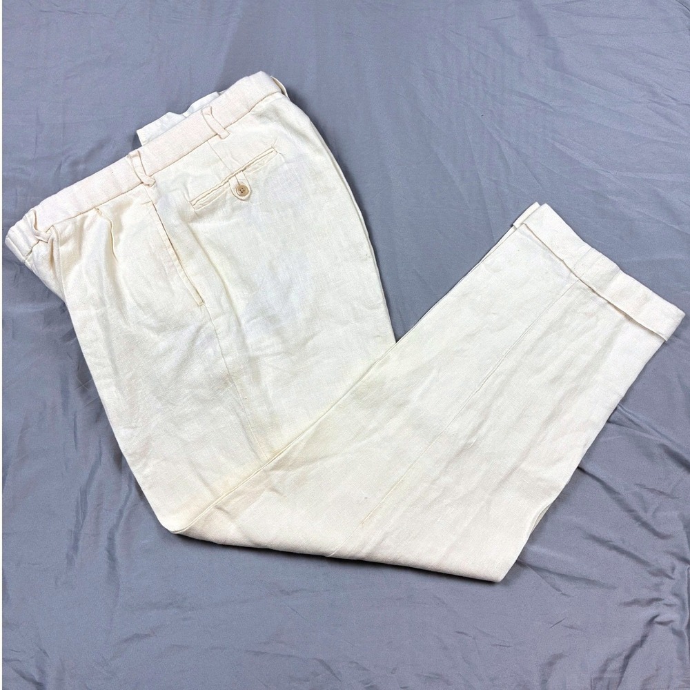 Polo Ralph Lauren Linen Trousers 32 x 29 White Ivory Cream Pleated Cuffed VTG